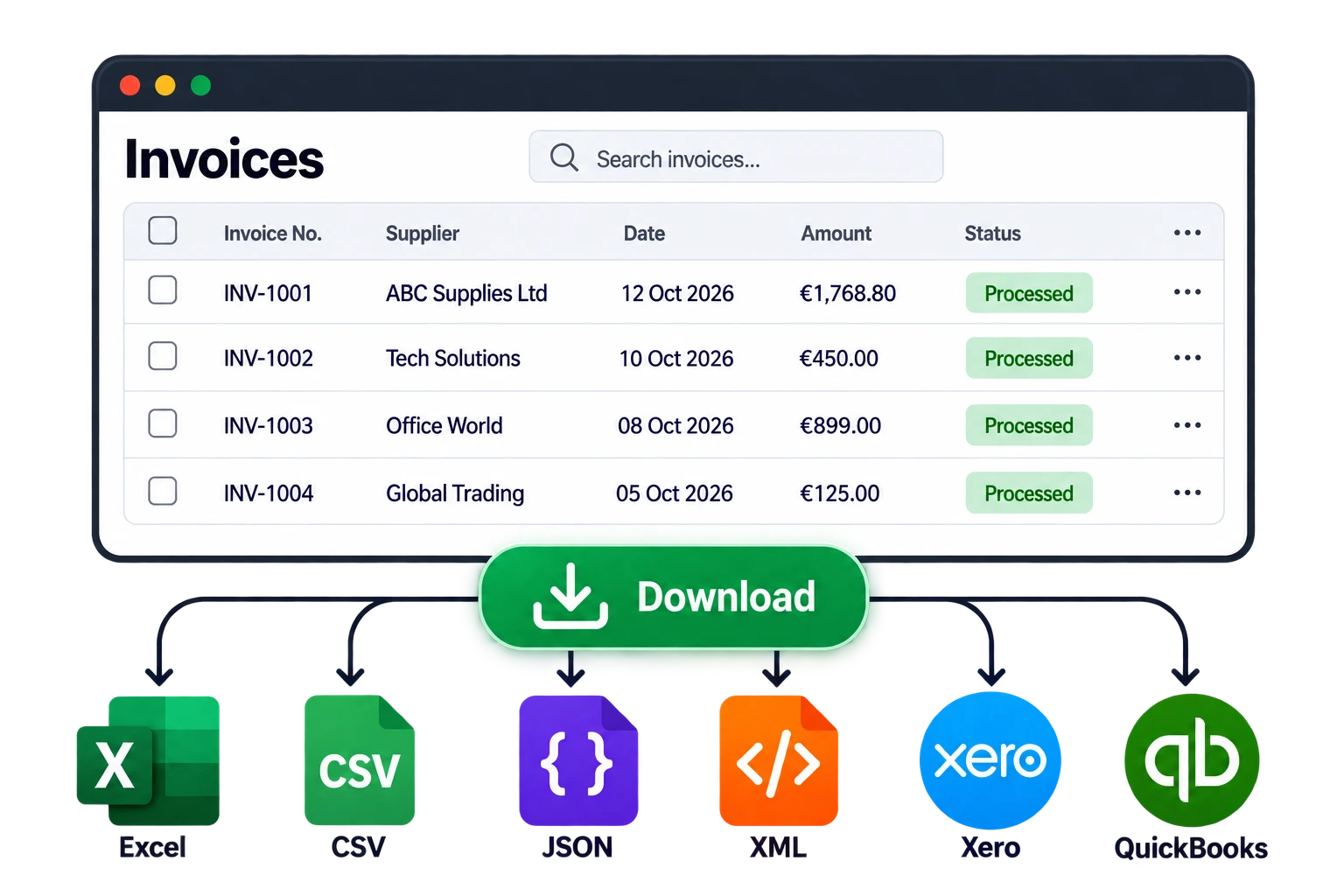 Invoice list with a Download button, exporting to Excel, CSV, JSON, XML, Xero and QuickBooks